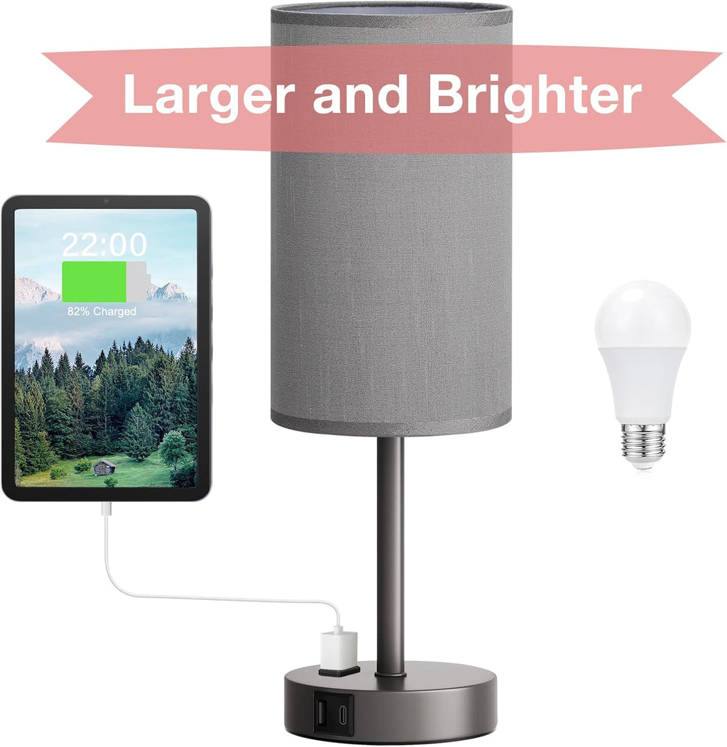 Fenmzee Grey Nightstand Bedroom Lamp - 3 Way Dimmable Bedside Lamp USB C A Charging Ports and AC Outlet, Small Table Lamp Linen Lampshade…