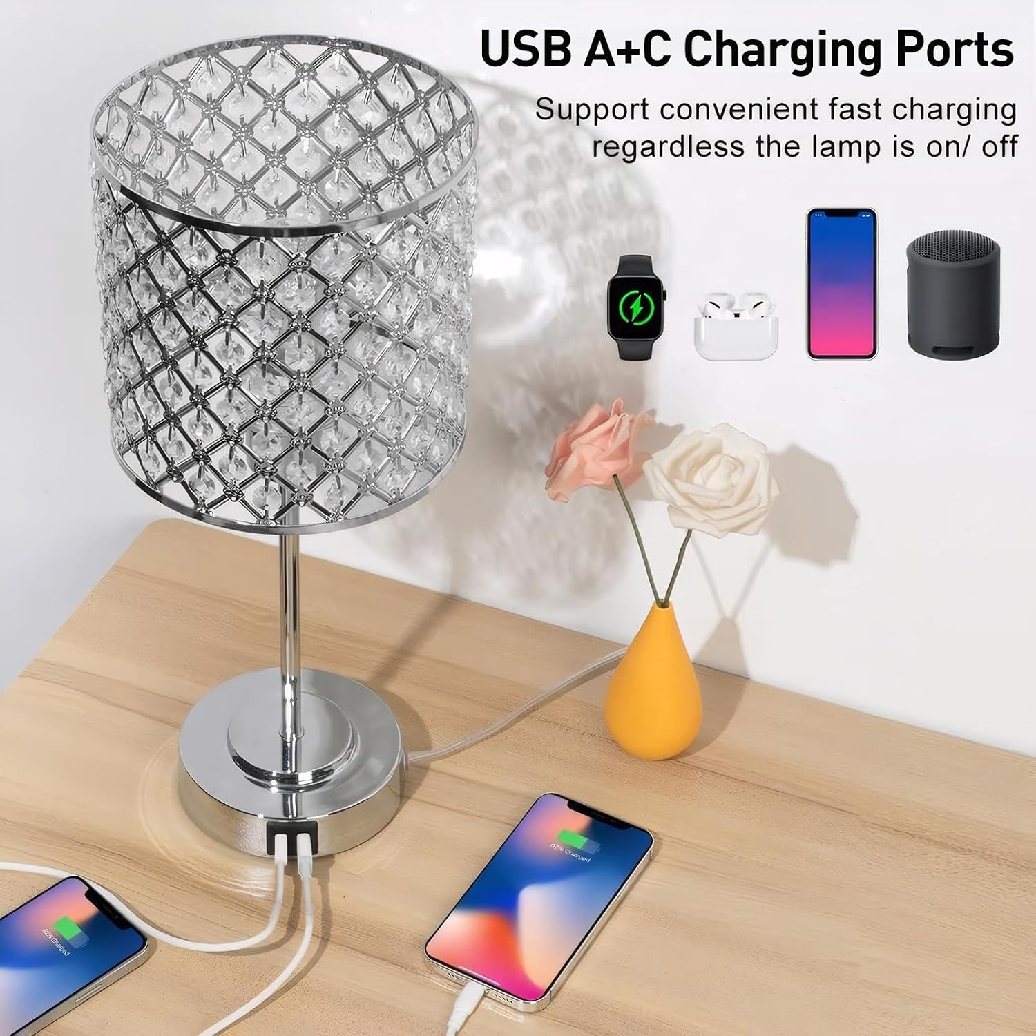 Crystal Table Bedside Lamp Touch Control, Dimmable Small Nightstand Lamp Set of 2 with USB-C+A Charging Ports, Decorative Silver Tabletop…