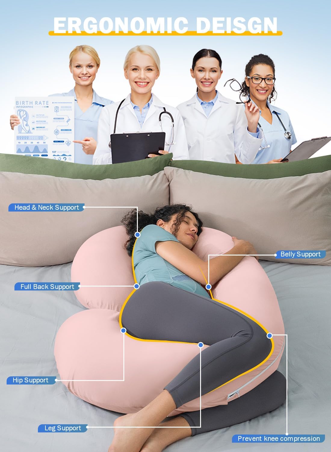 INSEN Cooling Pregnancy Pillow, Maternity Pillow with Soft Cotton Cover, C Shaped Pregnant Women and Side Sleeping, Bright Pink