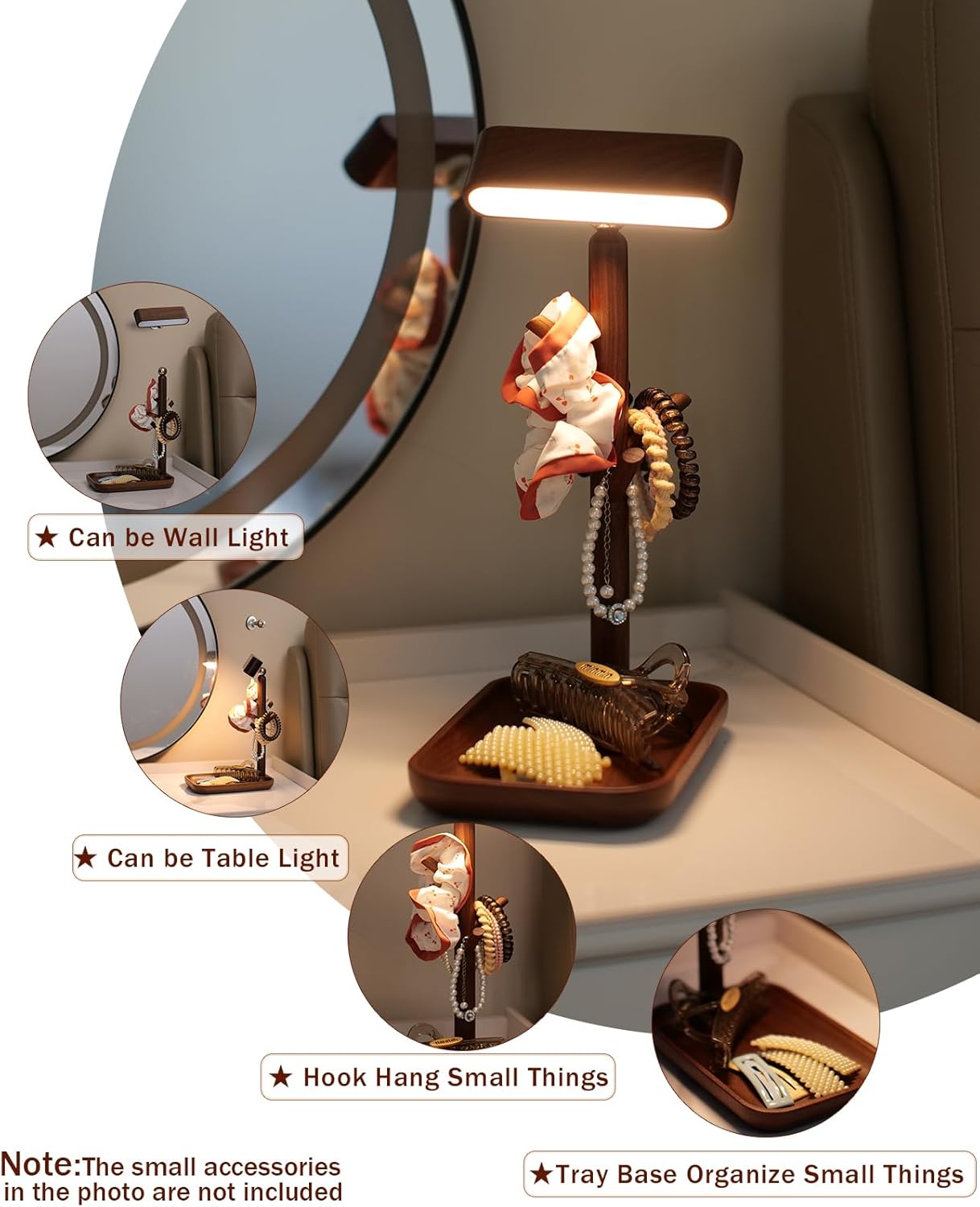 Wooden Table Lamp, Tree Trunk Rechargeable LED Bedside Lamp with Jewelry Tray, 360° Rotating Cordless Lamp for Nightstand or Entryway…