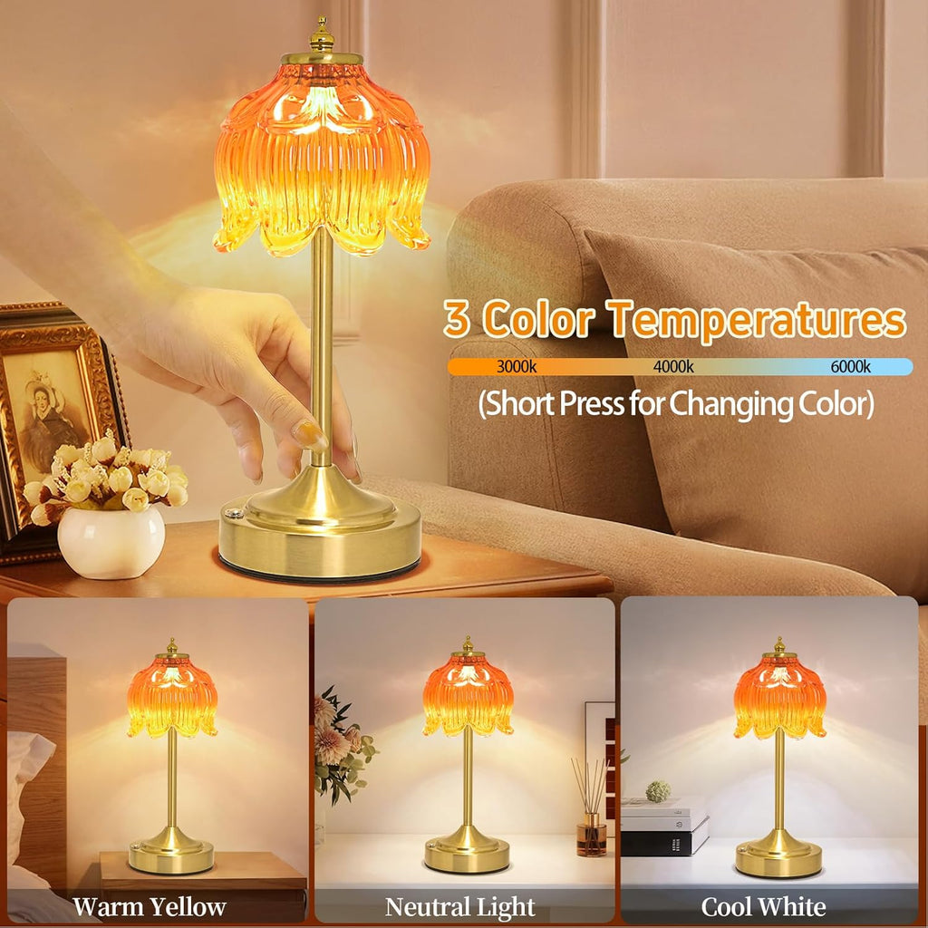 Crkwos Cordless Lotus Flower Table Lamp, 5200mAh Rechargeable Battery Operated Portable Lamp, 3-Color Dimmable Touch Control Small D…