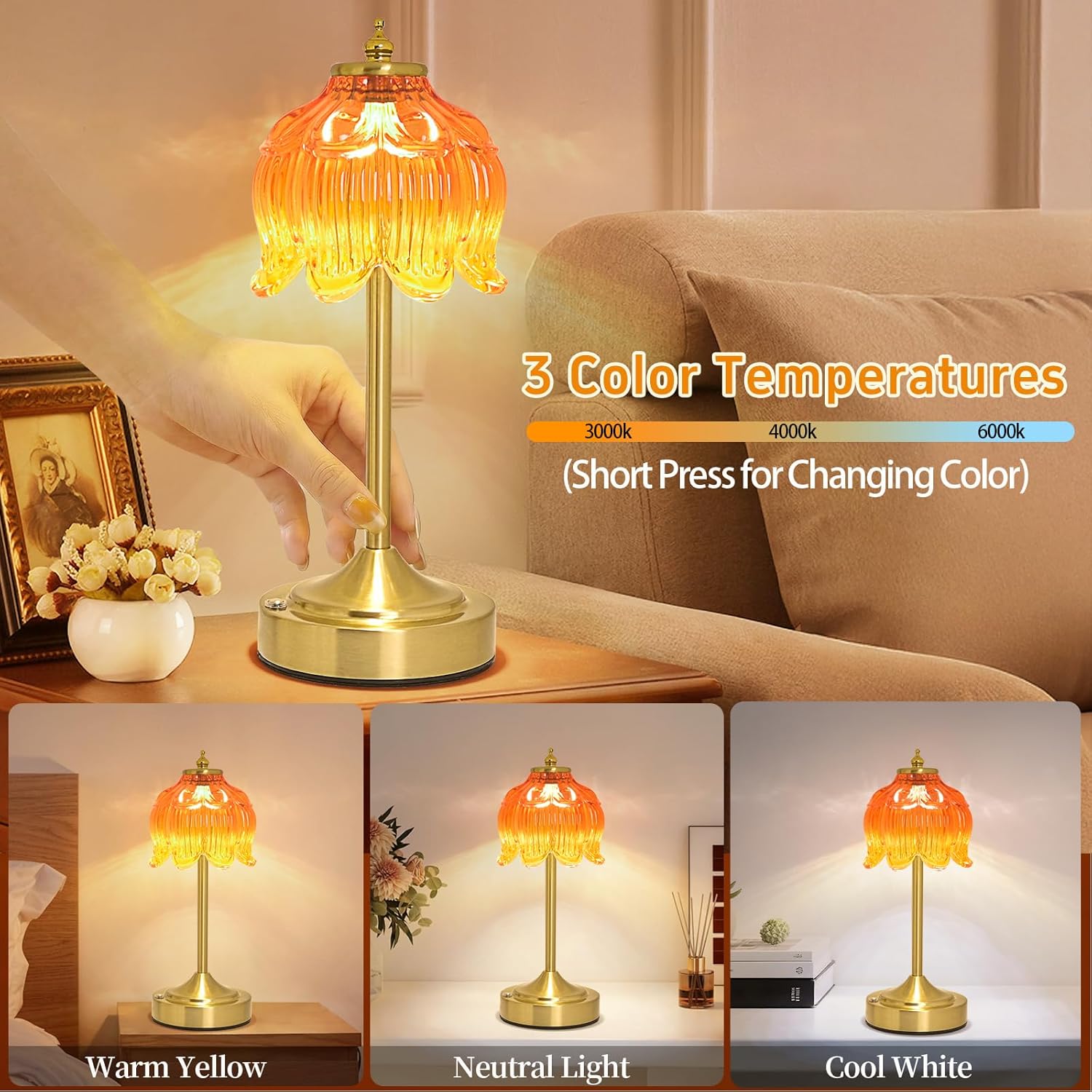 Crkwos Cordless Lotus Flower Table Lamp, 5200mAh Rechargeable Battery Operated Portable Lamp, 3-Color Dimmable Touch Control Small D…