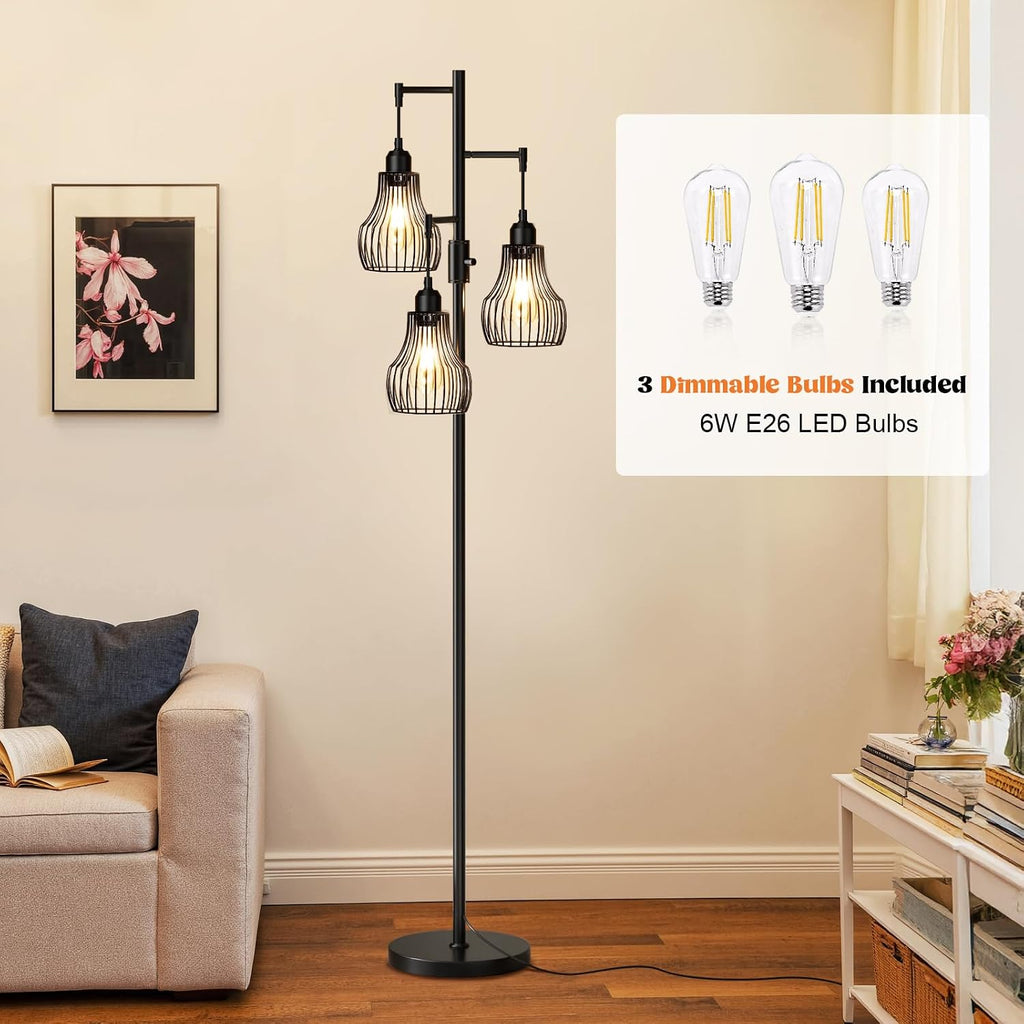 Ziisee Dimmable Floor Lamp, 3 x 800LM LED Edison Bulbs Included, Farmhouse Industrial Floor Lamp Standing Tree Lamp with Elegant Cage…
