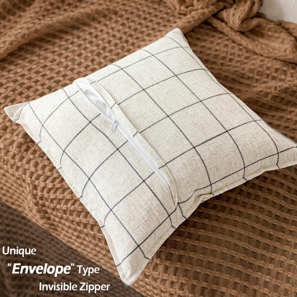 CARRIE HOME White Euro Pillow Covers 26x26 Set of 2, White Checkered Plaid Decorative Linen Pillow Covers 26 x 26, Ivory Cream Minimalist…