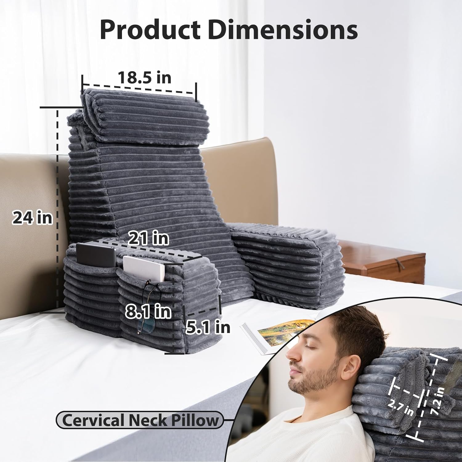 ENITYA Reading Pillow for Sitting in Bed Adult, 24in XXL Back Pillow for Bed Sitting up, Big Pockets & Built-in Arms, Back Support Chair…