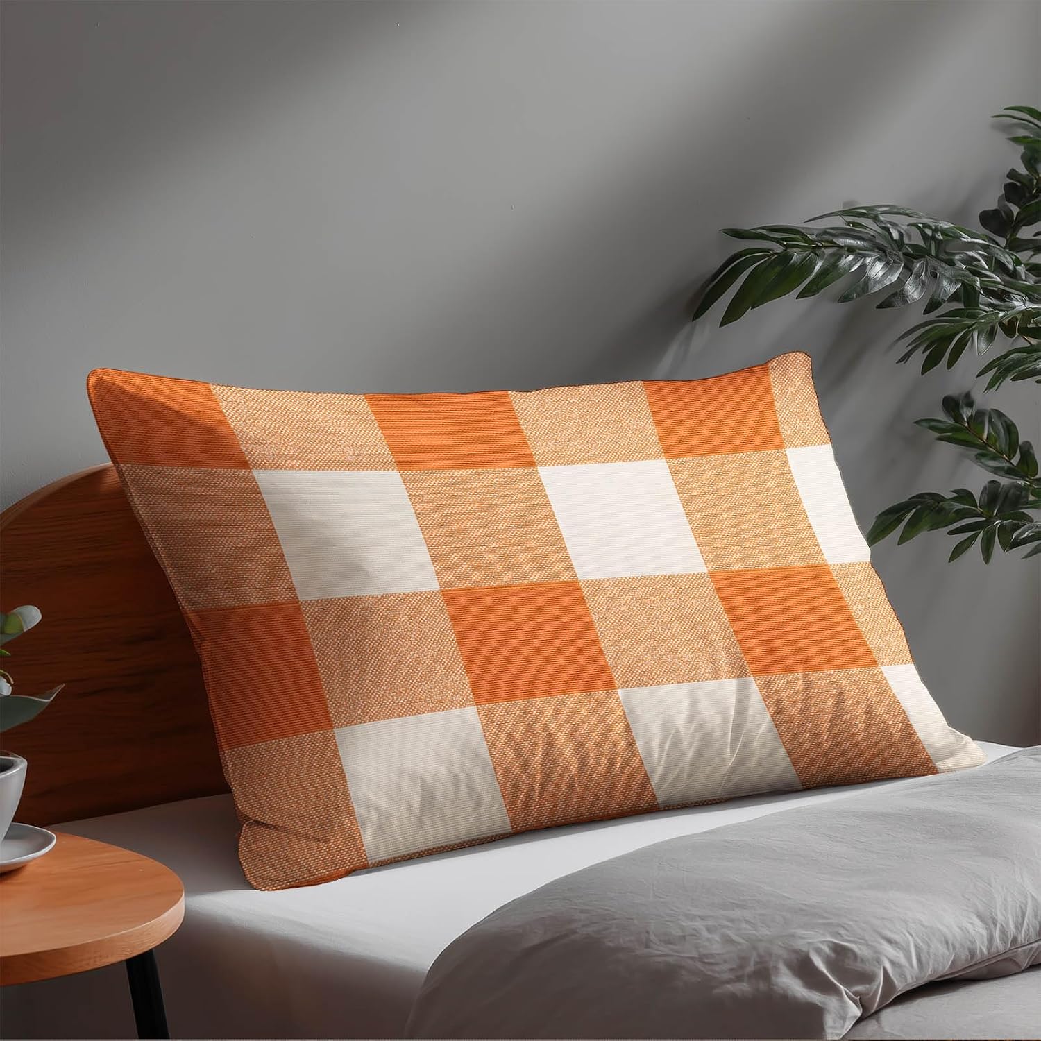 HOMETITUTE Orange Plaid Pillow Covers Decorative Pack of 2 Satin 12x20 Inch Lumbar Throw Pillow Cases for Sofa Couch Living Room…