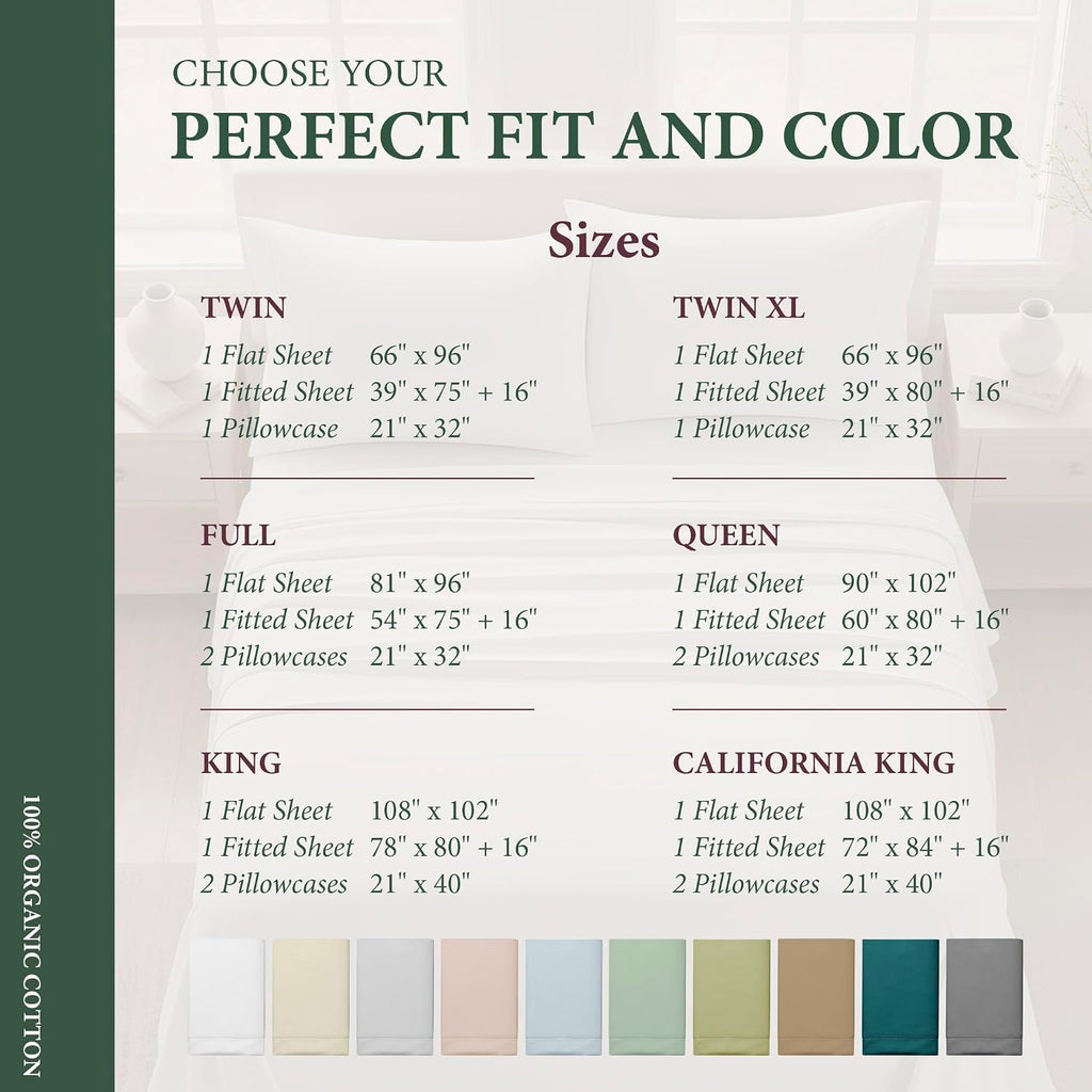 AshtonSheets 100% Organic Cotton Sheets California King Size - Organic Cotton Cal King Size Percale Weave Sheet Set (4 PC, Teal), Soft, Coo…