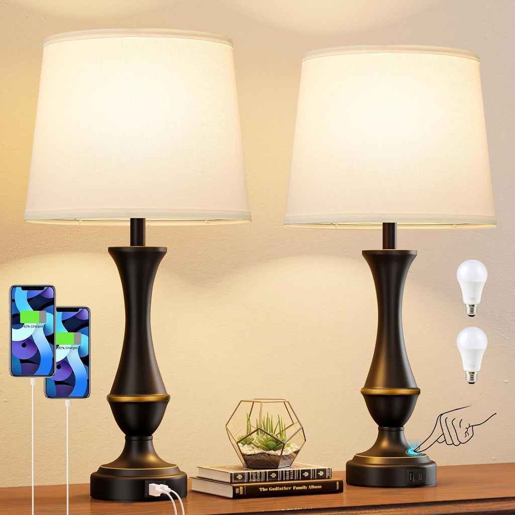 Seealle Upgraded Touch Lamps for Bedrooms Set of 2 - Nightstand Table Lamp with USB C+A, 3 Way Dimmable Lamps for Living Room, Office(White)