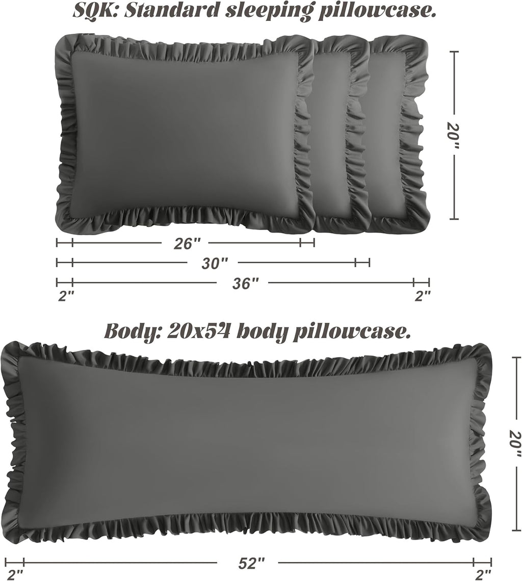 Bedsum Ruffled Pillow Shams King 20x36 Set of 2, Brushed Microfiber Pillowcases with Envelope Closure, Soft Wrinkle-Resistant, Dark Grey Gr…