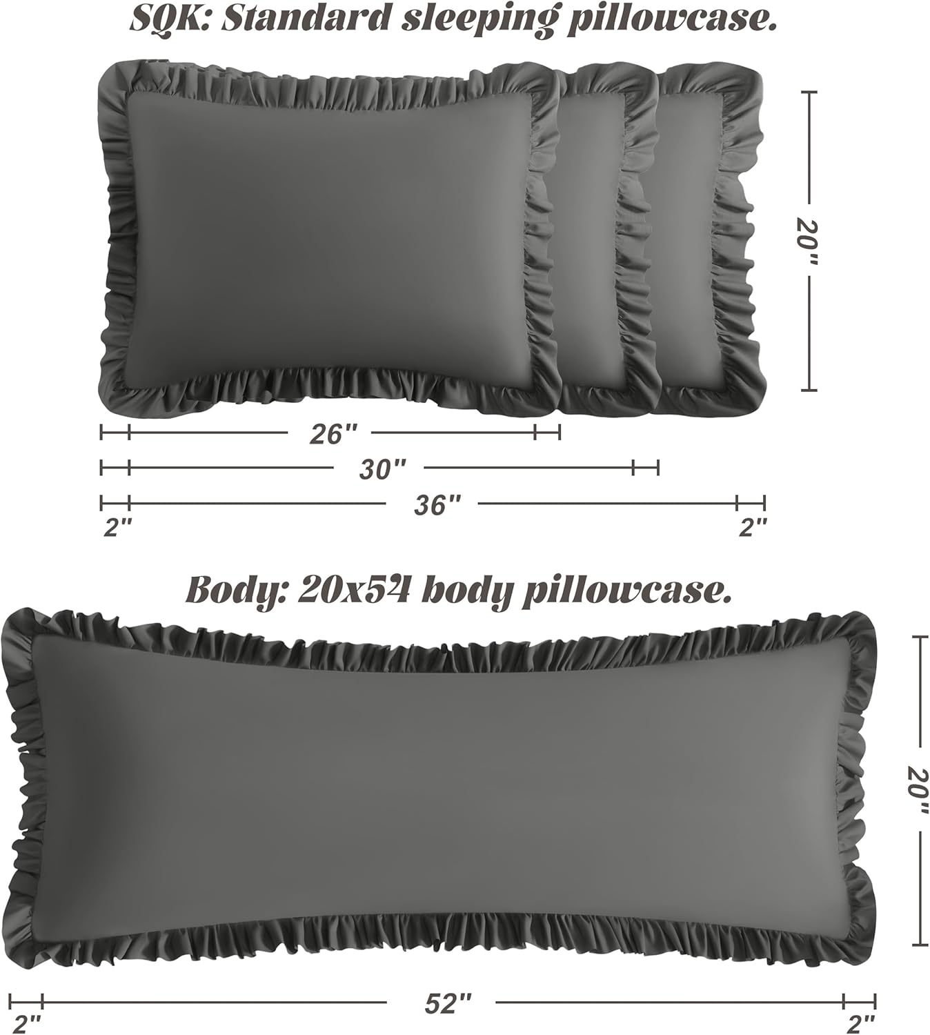 Bedsum Ruffled Pillow Shams King 20x36 Set of 2, Brushed Microfiber Pillowcases with Envelope Closure, Soft Wrinkle-Resistant, Dark Grey Gr…