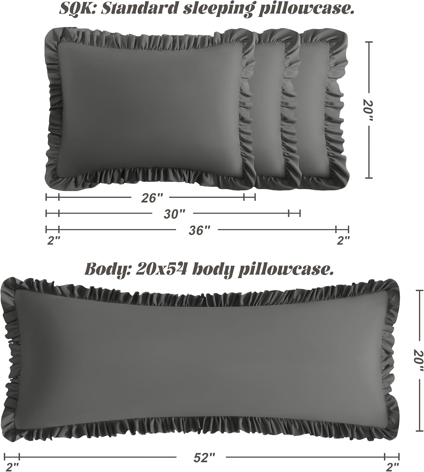 Bedsum Ruffled Pillow Shams Standard 20x26 Set of 2, Brushed Microfiber Pillowcases with Envelope Closure, Soft Wrinkle-Resistant, Dark Gre…