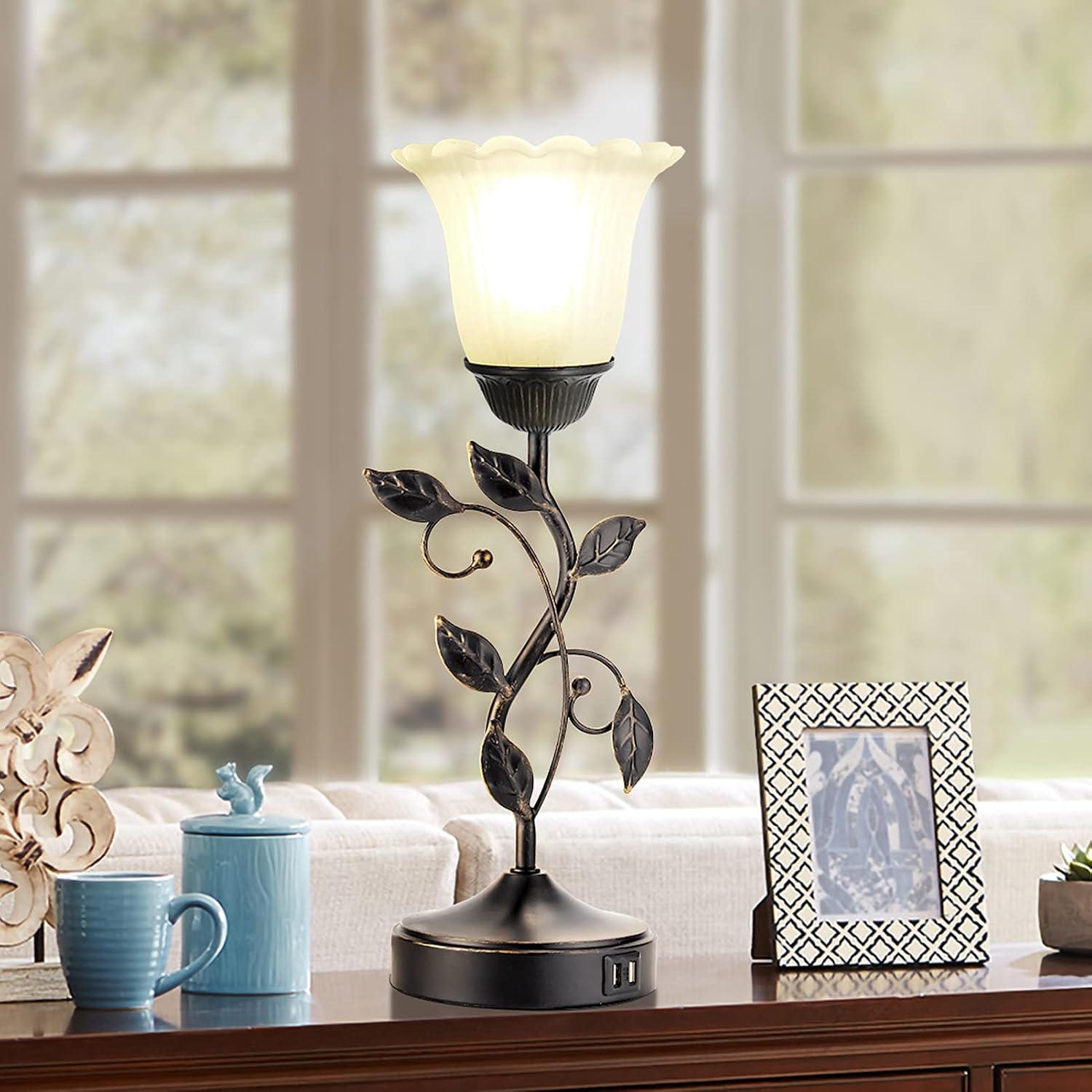 Touch Bedside Lamp with 2 USB Charging Ports, 3-Way Dimmable Nightstand Lamps, White Glass Shade Vintage Rural Leaf Lamp for Living Room…