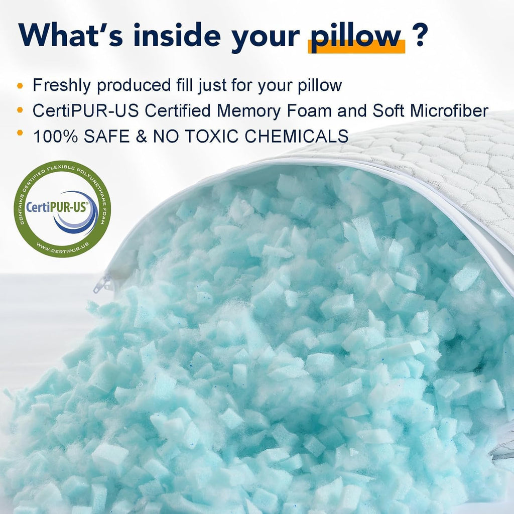 Qutool Cooling Pillow for Sleeping, CertiPUR-US Shredded Memory Foam King Pillows Set of 2, Cool Pillow for Hot Sleepers Adjustable Firm Pi…