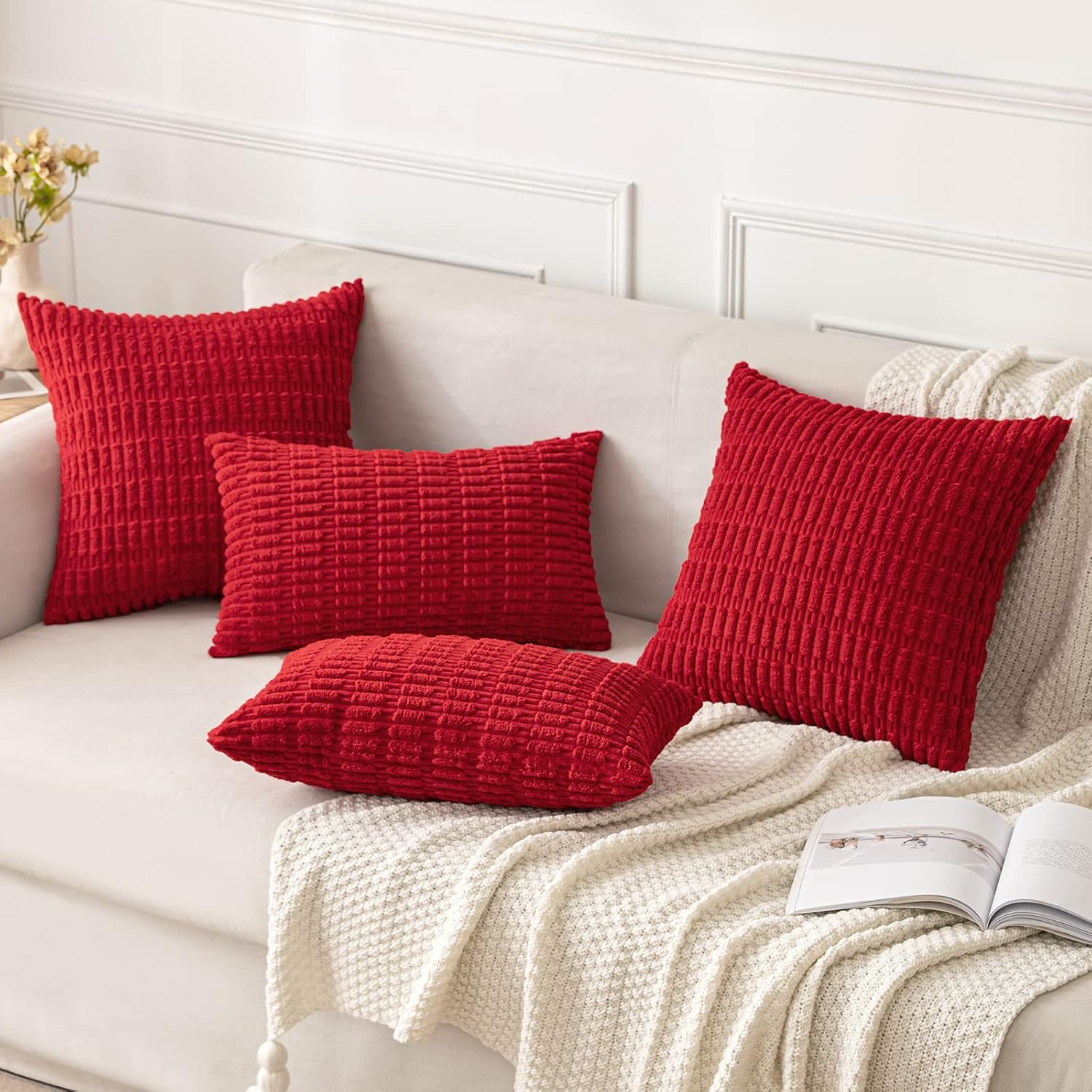 Miulee Pack of 2 Red Corduroy Decorative Pillow Covers 18x18 Inch Soft Boho Striped Throw Pillow Covers Modern Farmhouse Home Decor for Sof…
