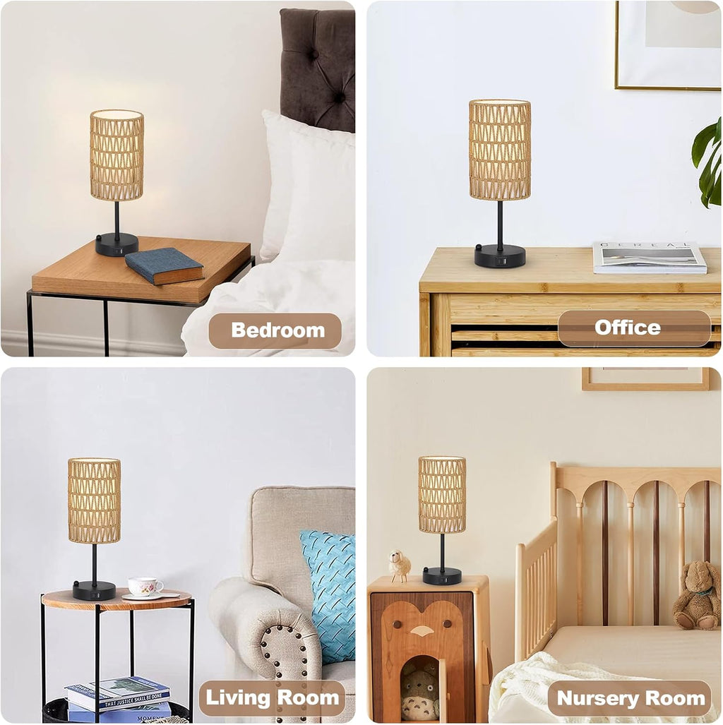 Touch Table Lamp Set of 2 For Bedroom with Bulb, Boho Small Desk Lamp For Living Room With Rattan & Linen Shade, 3 Way Dimmable Bedside…