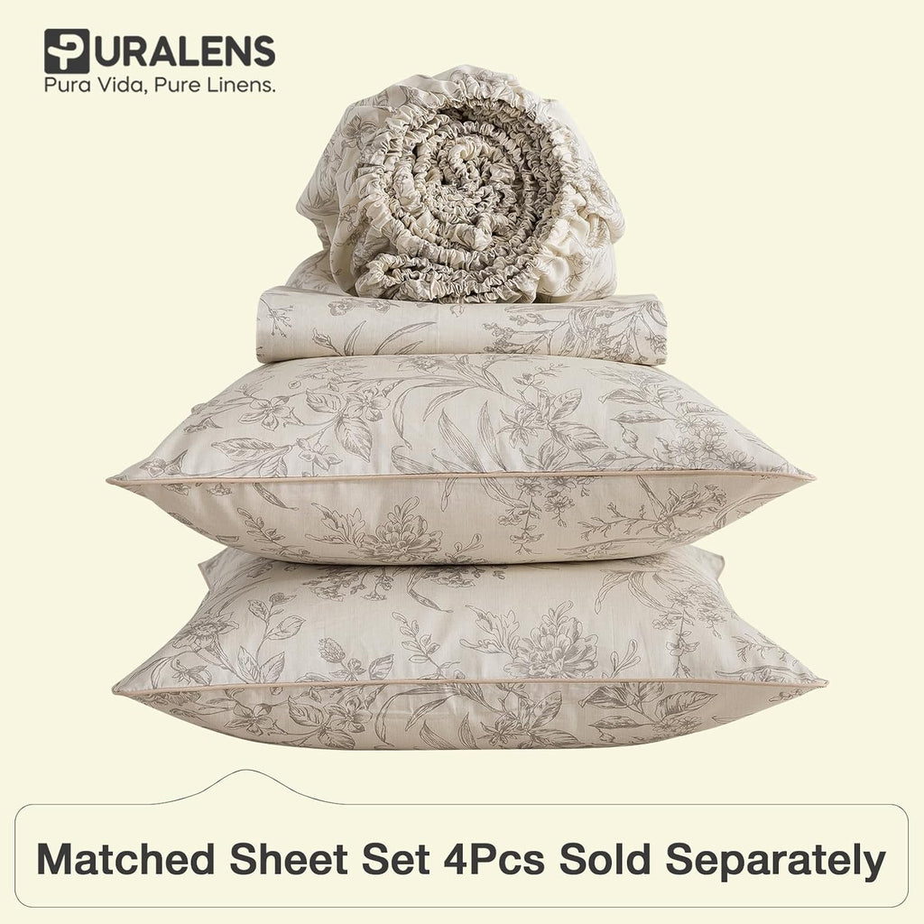 Puralens Vintage Floral Beige Duvet Cover King 100% Cotton, Shabby Flower Patterned Chic Soft Percale Comforter Cover Set, Cute Cottage Rev…