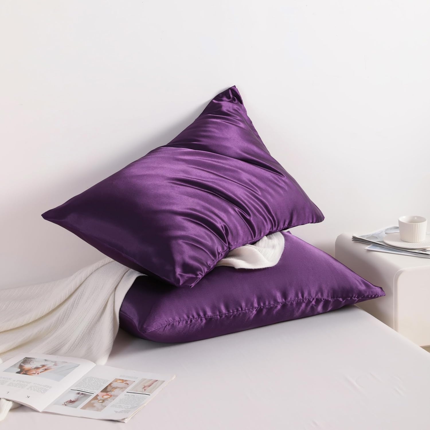 Ntbay 2 Pack Satin King Pillowcases for Hair and Skin, Luxurious and Silky Pillow Cases with Envelope Closure, 20x36 Inches, Eggplant Purpl…