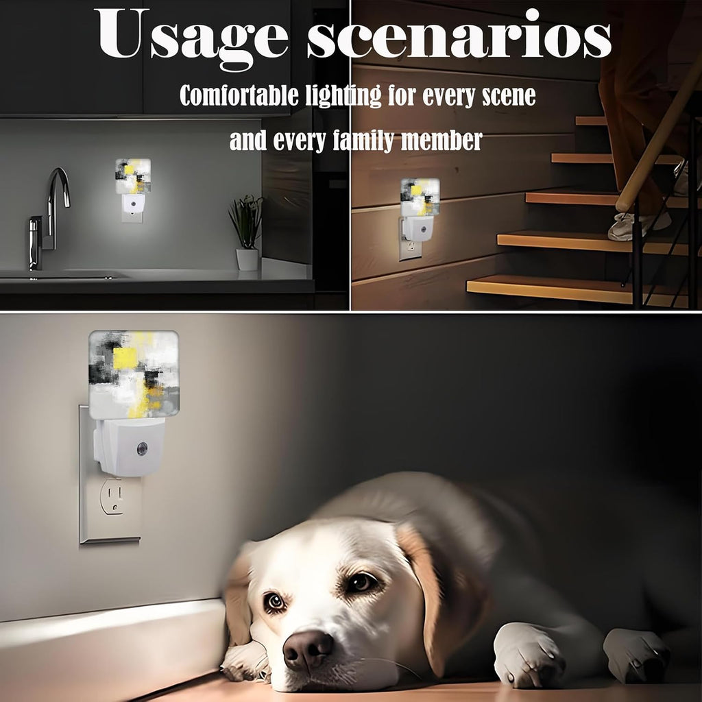 Abstract Oil Painting Night Light, Grey and Yellow Plug Into Wall with Dusk to Dawn Light Sensors, Warm Nightlights for…