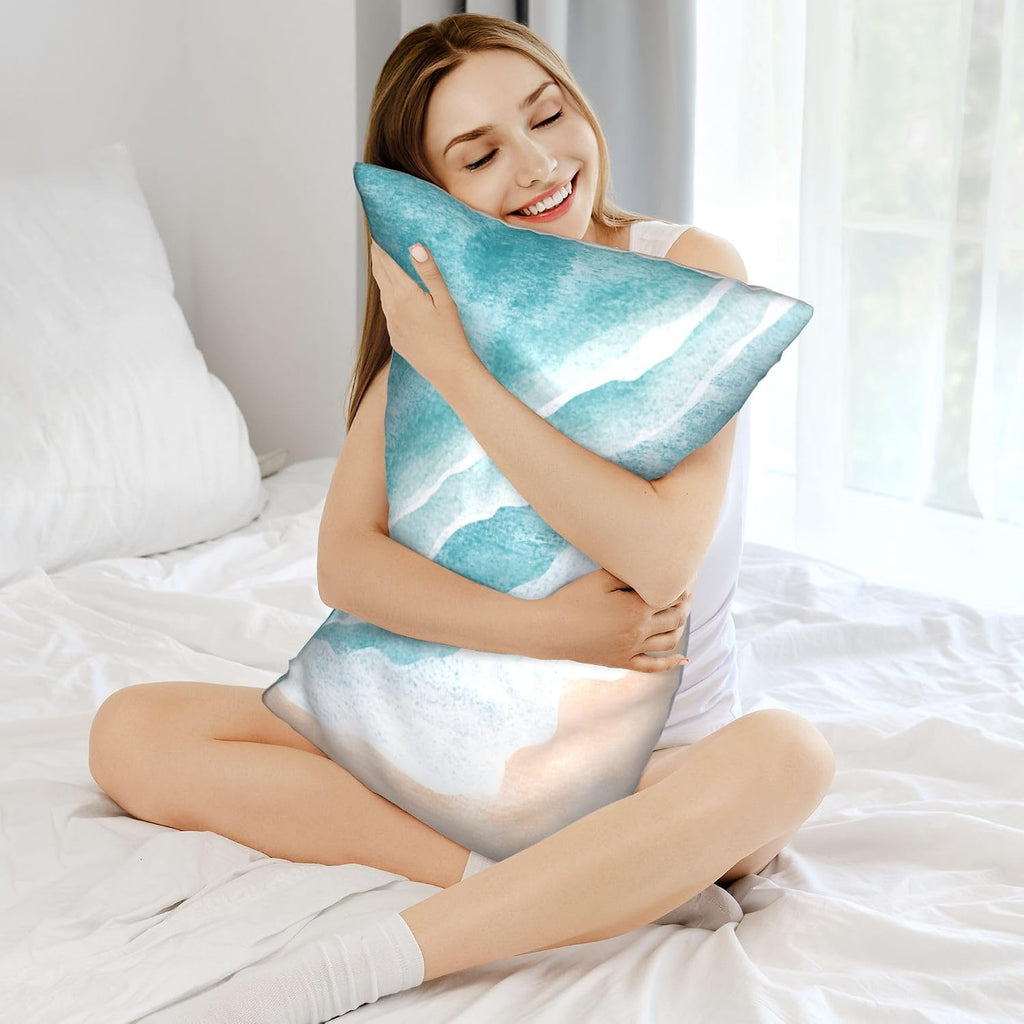 Imitation Silk Pillowcase for Hair and Skin Boho Abstract Blue Sea Beach 1 Pack Satin Queen Pillowcase with Hidden Zipper Cooling Pillow…