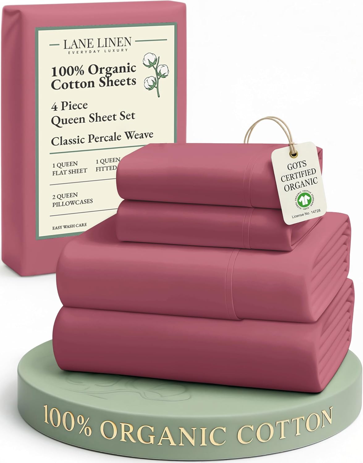 LaneLinen LANE LINEN 100% Organic Cotton Queen Sized Sheets, Fuly Elasticized Mercerized Low Pill Fade Resistant Percale Weave Bedsheets fo…