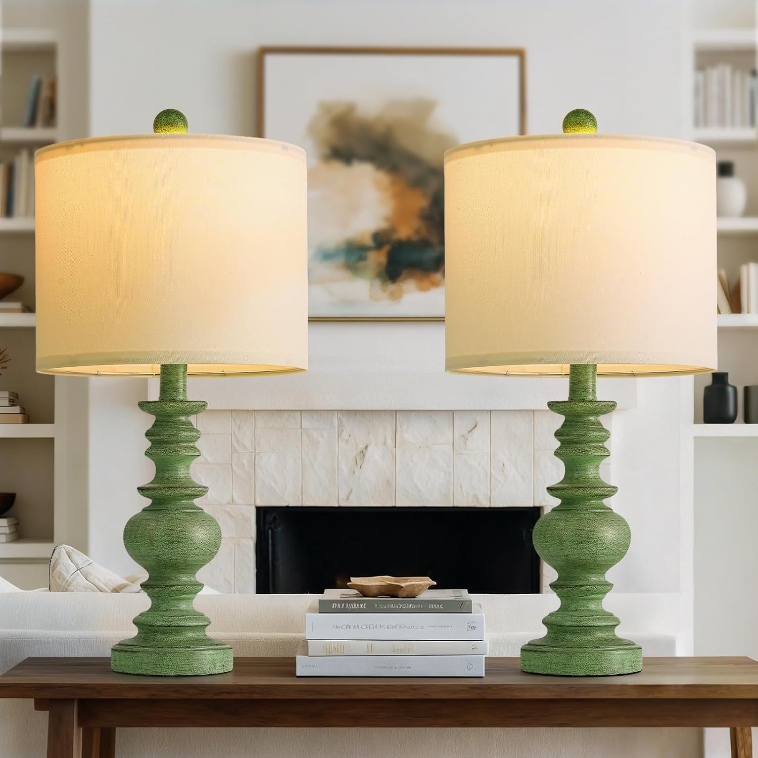 BOBOMOMO 20" Sage Green Table Lamps Set of 2 – Farmhouse Resin Bedside Lamps with Linen Shades, Handcrafted Traditional Rustic Lamp for…