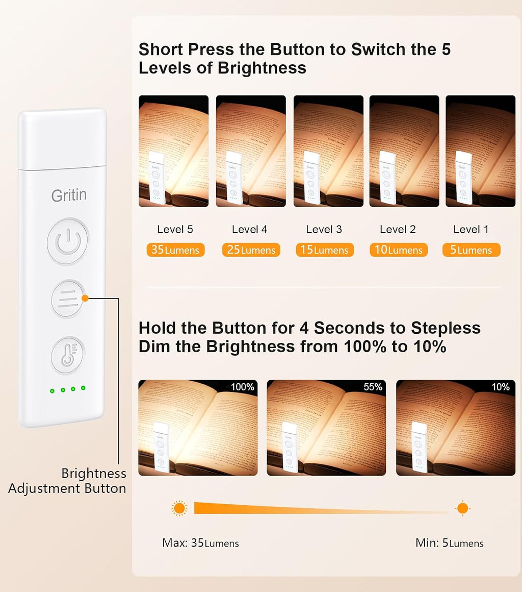 Gritin Book Light Rechargeable, Eye Caring 3-Color & 5-Brightness Clip on LED Reading Light for Books in Bed- Stepless Dimming, Long…