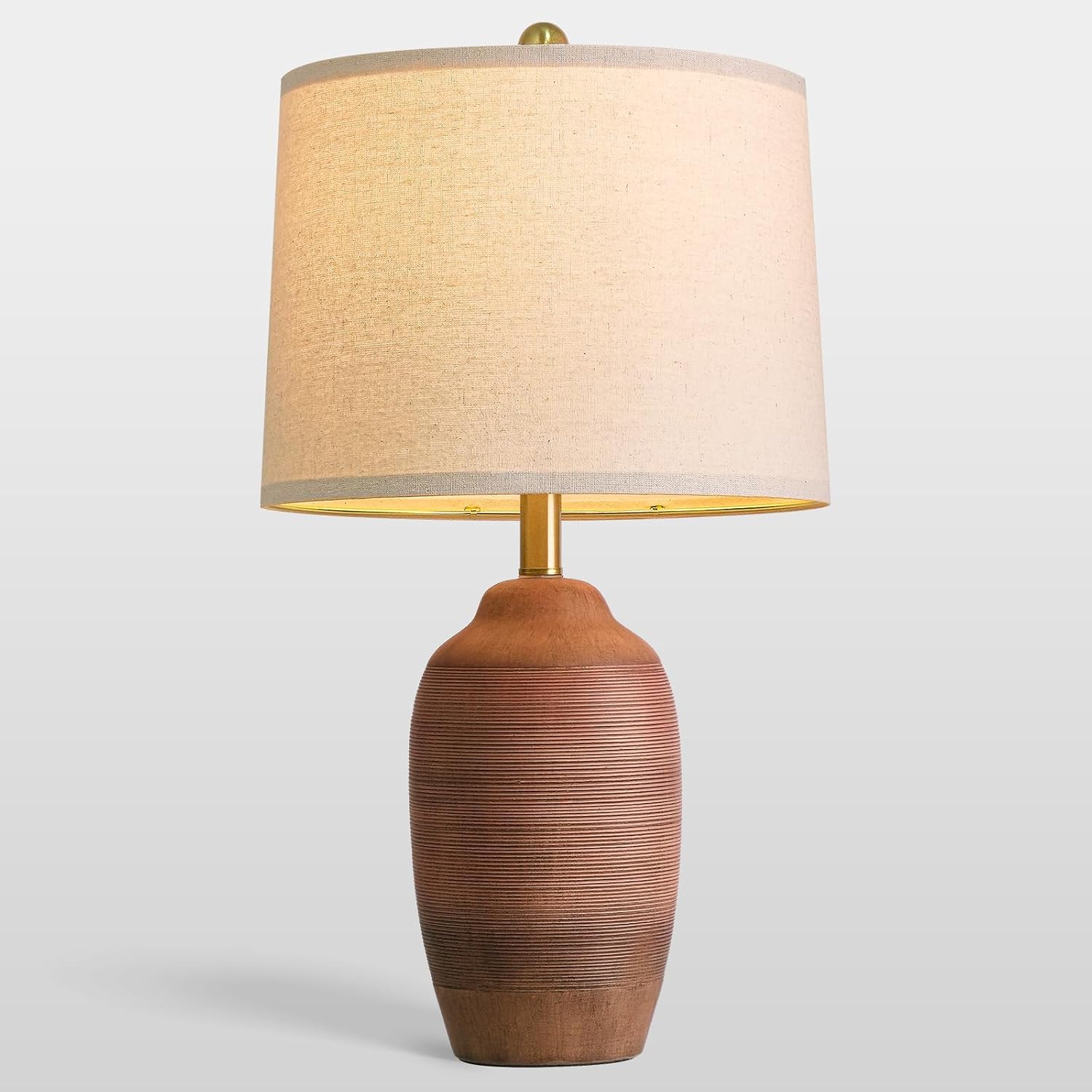 USumkky 24.5" Single Rustic Terracotta Brown Handcrafted Ceramic Table Lamp 5FT Cord, Farmhouse Vintage Lamp with Linen Drum Shade, Bedside…