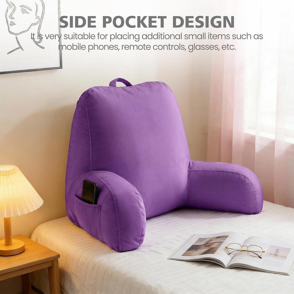 Reading Pillow with Adjustable Memory Foam, Adult Backrest with Arms, Back Pillow for Sitting in Bed with Washable Cover- Large, Purpule