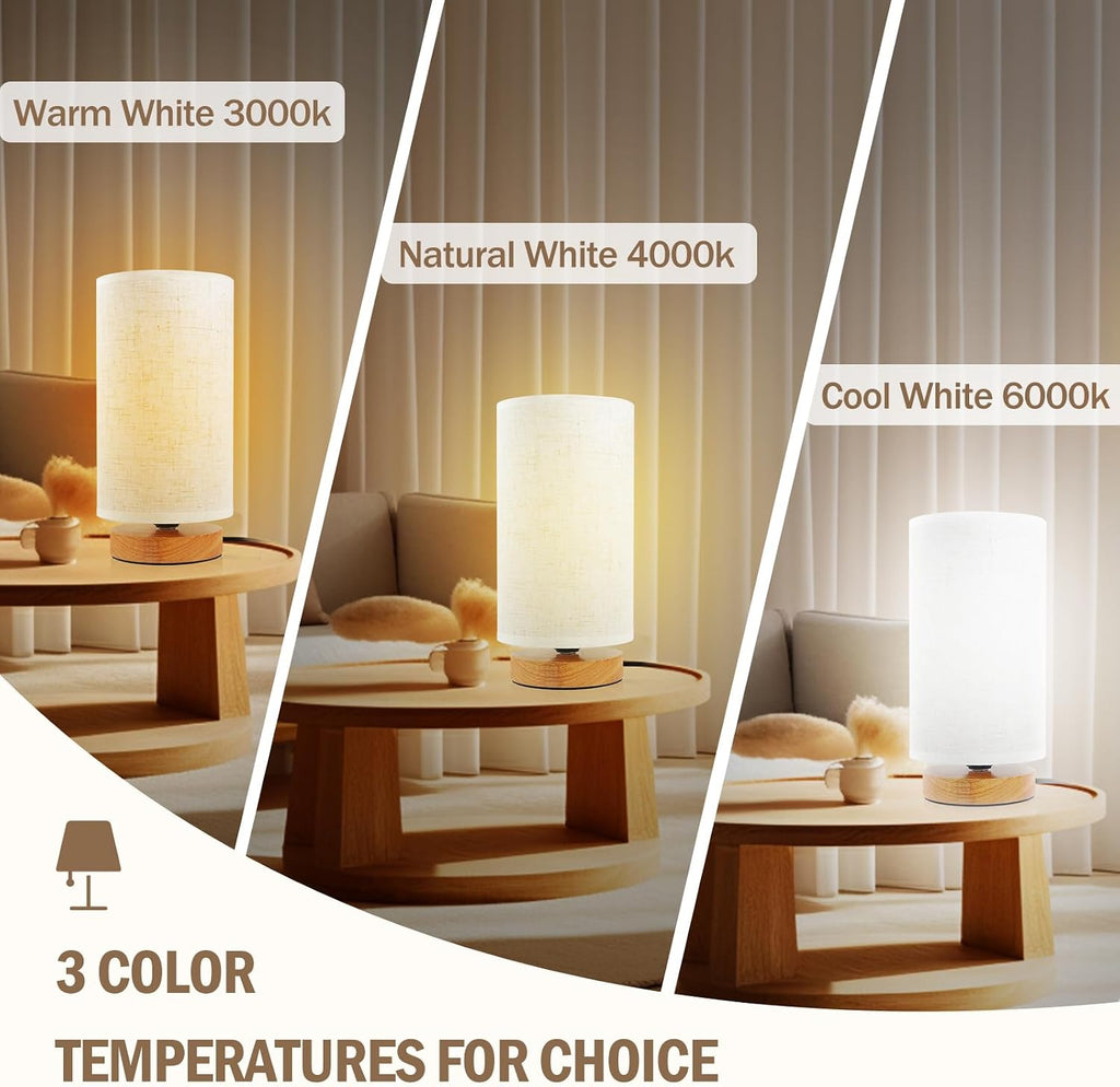 Minimalist Dimmable Nightstand Lamp with Round Fabric Linen Shade, 3 Color Temperatures, Desk & Bedside Lamp for Study, Living Room…