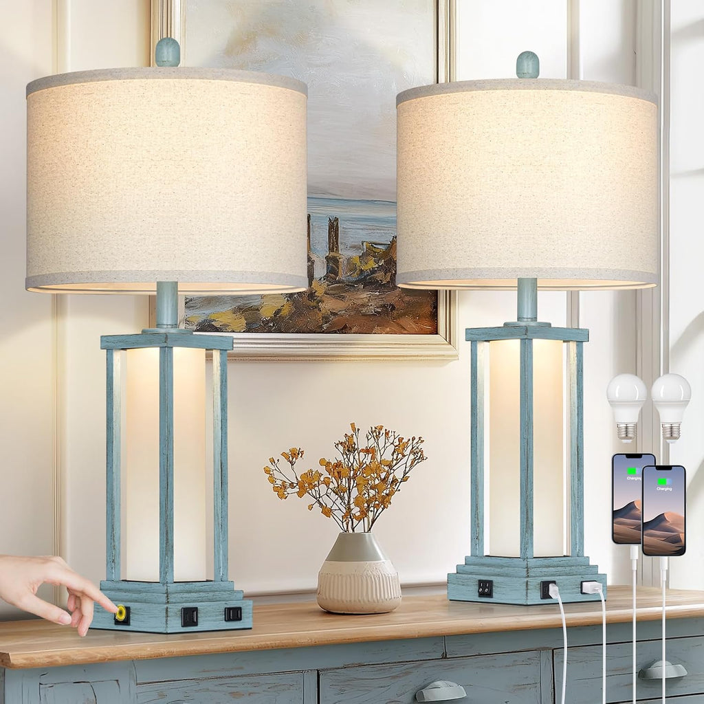 Cinkeda 27" Tall Vintage Table Lamp Set of 2 with USB C+A & Outlet, Nightstand Lamp for Living Room, Coastal Bedside Lamps with Frosted…