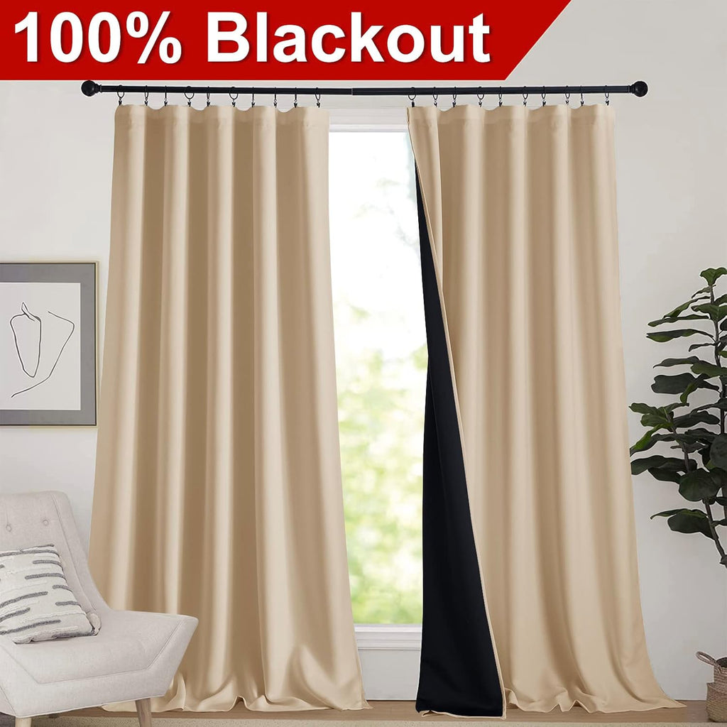 Nicetown Thermal Insulated 100% Blackout Curtains, Rod Pocket Noise Reducing Drapes with Black Lining, Full Light Blocking Drapery Panels f…