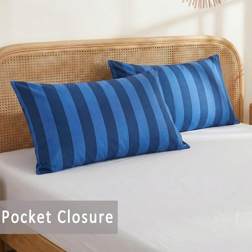 Merryword Queen Size Pillowcases, 100% Cotton Pillow Cases, Blue and Navy Striped Pillowcases, Soft Breathable Wide Stripes Pillow Covers,…