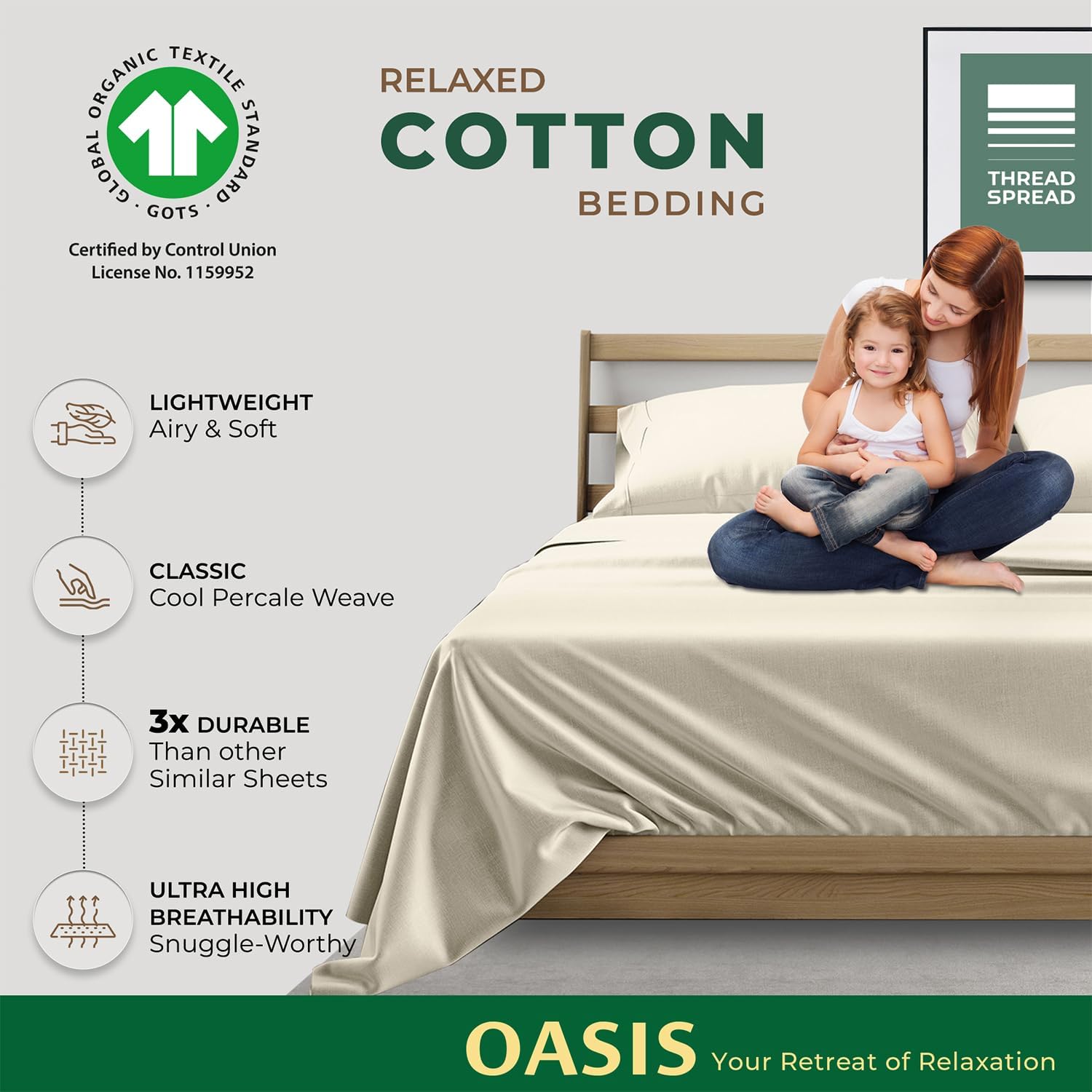 THREAD SPREAD 100% Organic Cotton Sheets Queen Size - 4 PC Organic Cotton Queen Percale Size Weave Sheet Set, Soft, Cooling, Crisp &…
