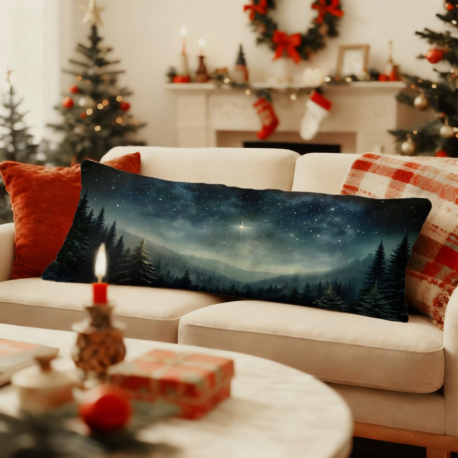 Christmas Nativity Star Christian 20x54 Body Pillow Cover, Jesus Religious Christmas Decor, Winter Forest Landscape Bible Verse…
