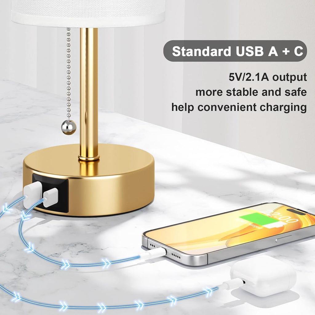 Gold Bedside Lamp for Bedroom Nightstand - Small Table Lamp with USB A + C Charging Port, 3 Color Temperatures Pull Chain Night Stand…