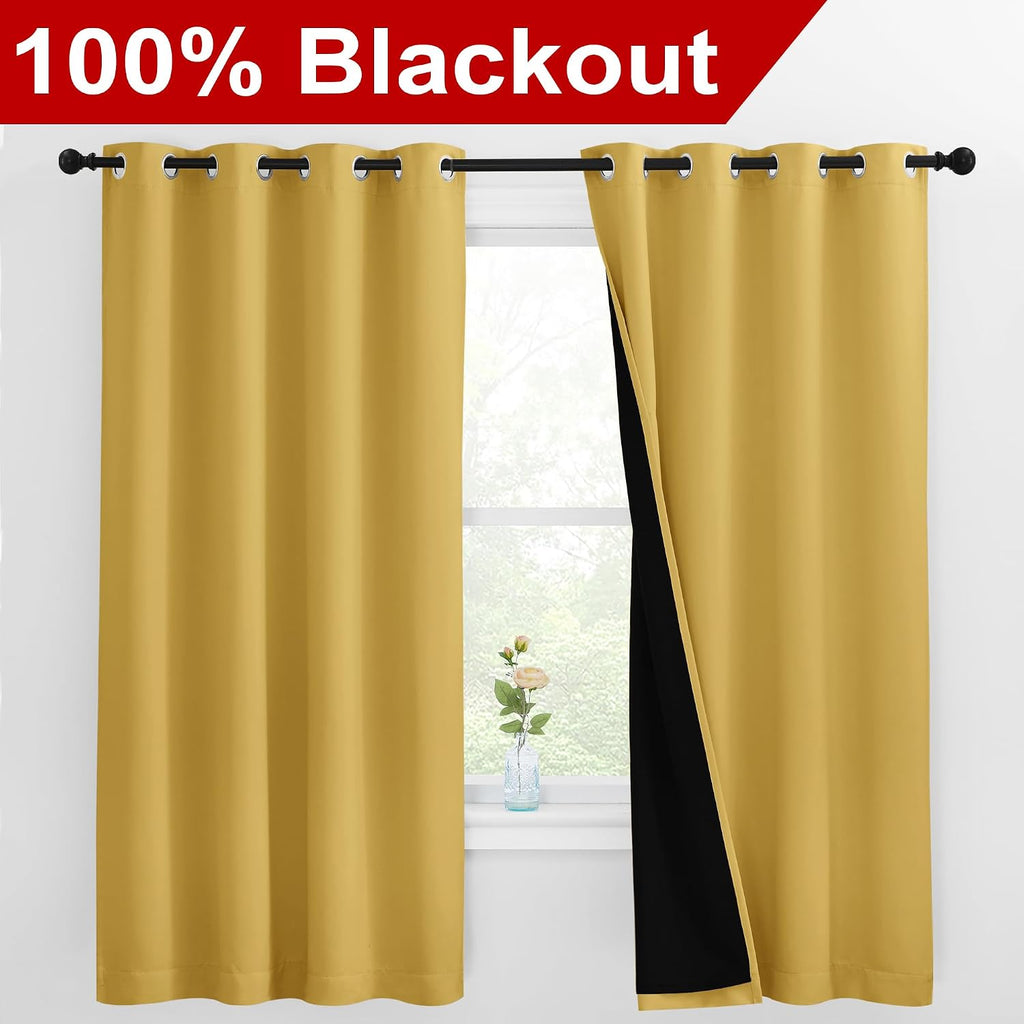 Nicetown 100% Blackout Curtains with Black Liners, Thermal Insulated Full Blackout 2-Layer Lined Drapes, Energy Efficiency Window Draperies…