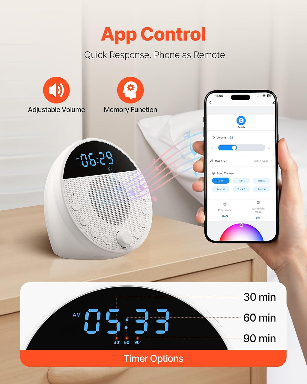 VEVOR Sound Machine, 18 Soothing Sleep Sounds, 7-Color Night Light, 6-in-1 White Noise Sound Machine with Dual Alarms, APP, Auto-Off…