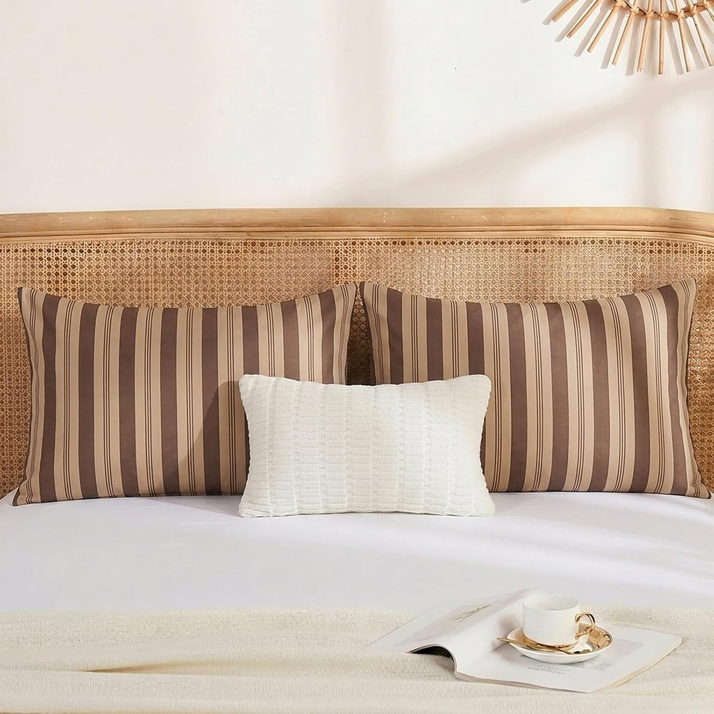 Merryword Brown Striped Pillowcases, 100% Cotton Pillow Cases, King Size Pillowcases, Luxury Linen Like Pillowcase, Soft Breathable Stripe…