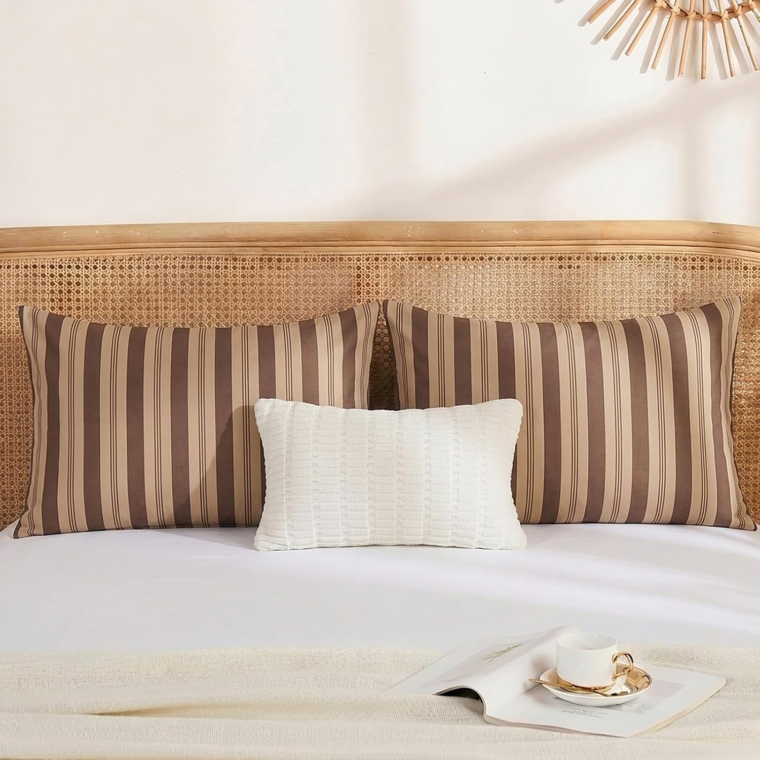 Merryword Brown Striped Pillowcases, 100% Cotton Pillow Cases, Queen Size Pillowcases, Luxury Linen Like Pillowcase, Soft Breathable Stripe…