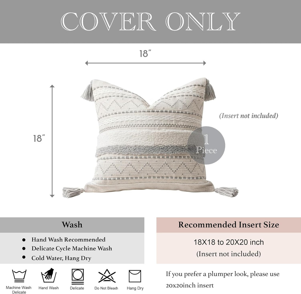 BlissBlush 18X18 Throw Pillow Cover, Cream Neutral Square Decorative Cushion Cover with Gray Pattern, Boho Accent Pillowcase with Tufted…