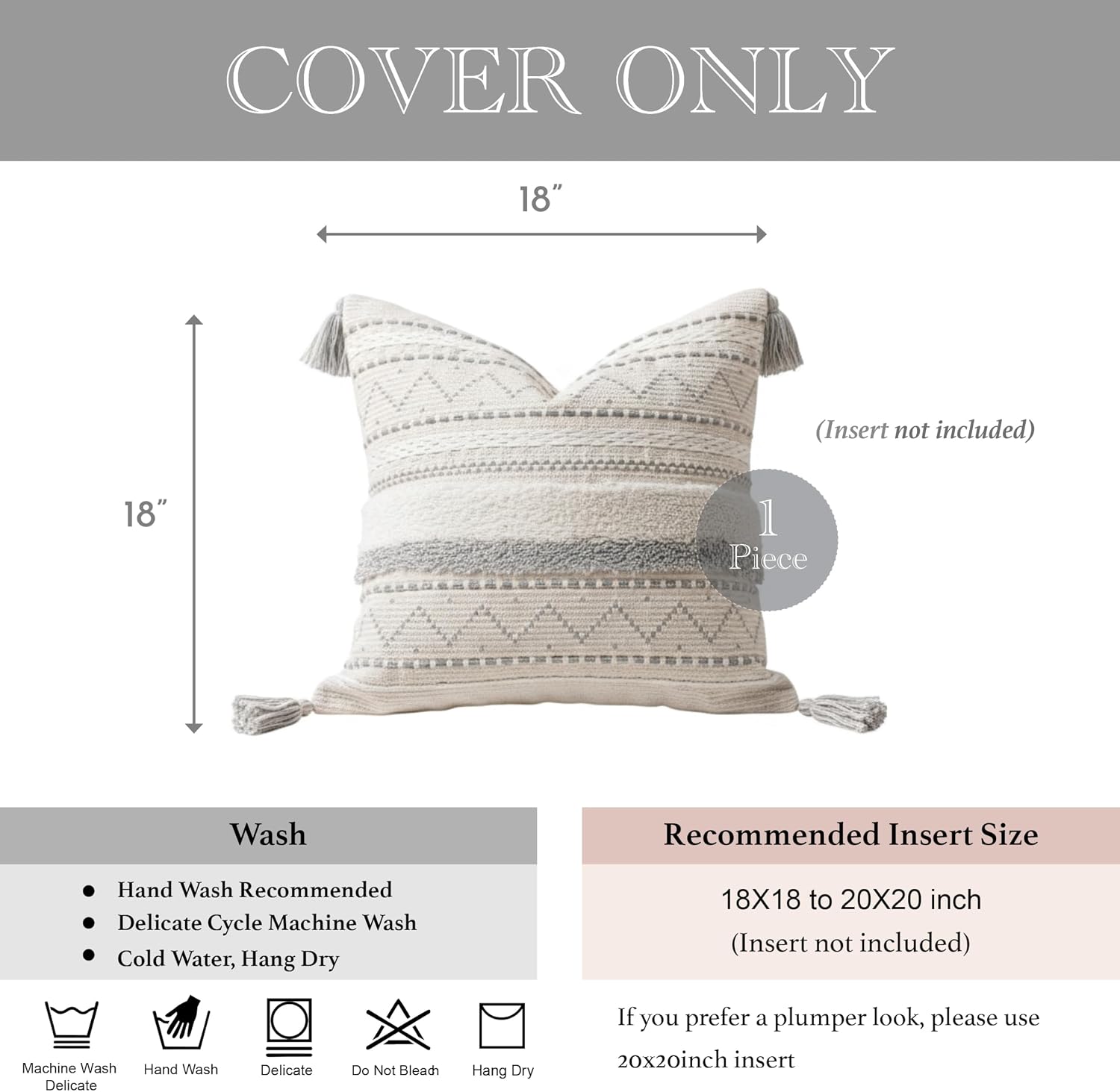 BlissBlush 18X18 Throw Pillow Cover, Cream Neutral Square Decorative Cushion Cover with Gray Pattern, Boho Accent Pillowcase with Tufted…