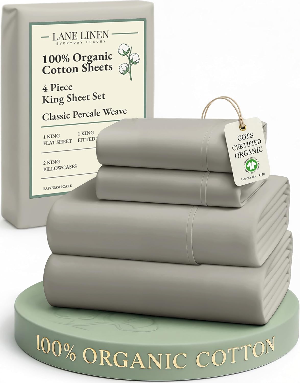 LaneLinen LANE LINEN 100% Organic Cotton King Sheet Set, 4Pc Cotton Sheets King Size, Soft & Comfy Percale reusable Sustainably Produce…