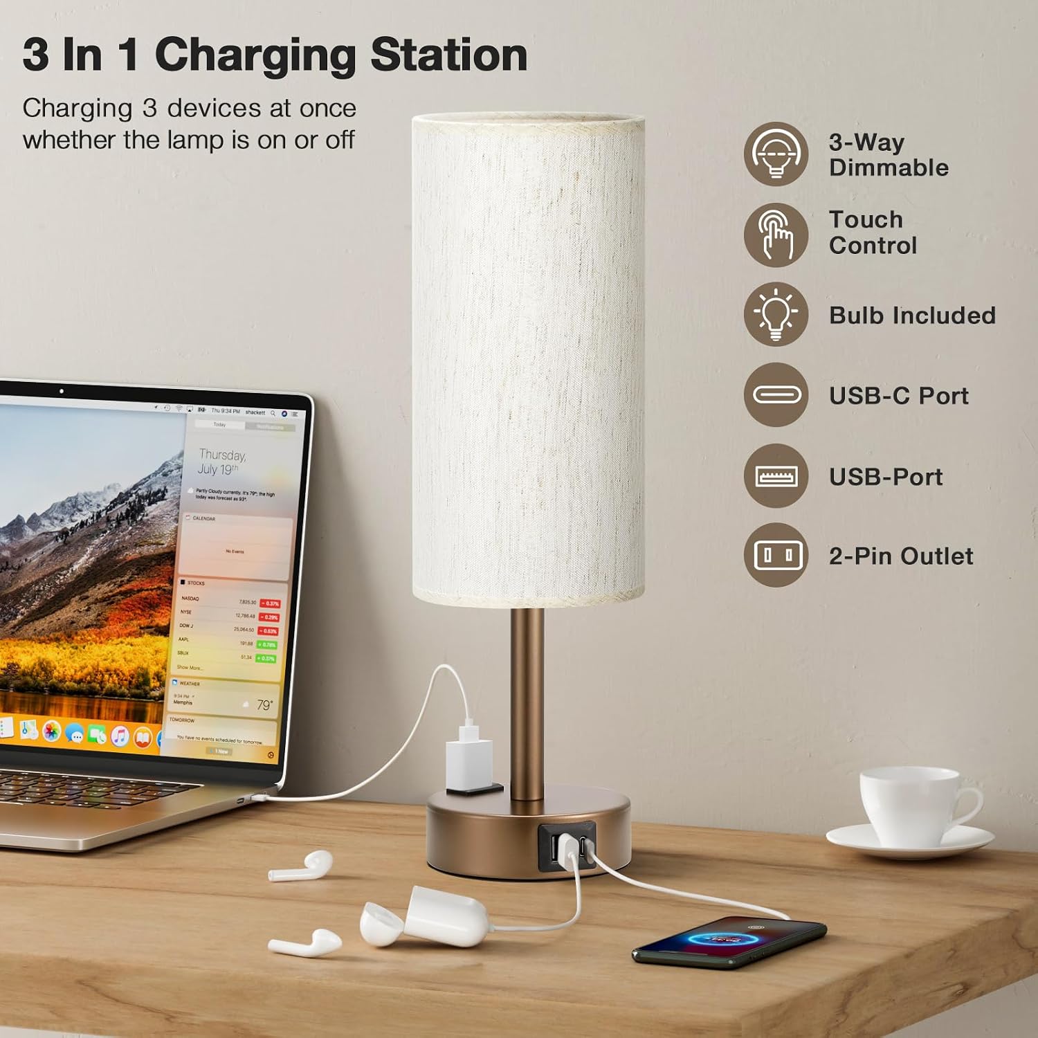Fenmzee Brown Bedside Table Lamp for Bedroom - 3 Way Dimmable Touch Lamp USB C Charging Ports and AC Outlet, Small Lamp Round Flaxen…