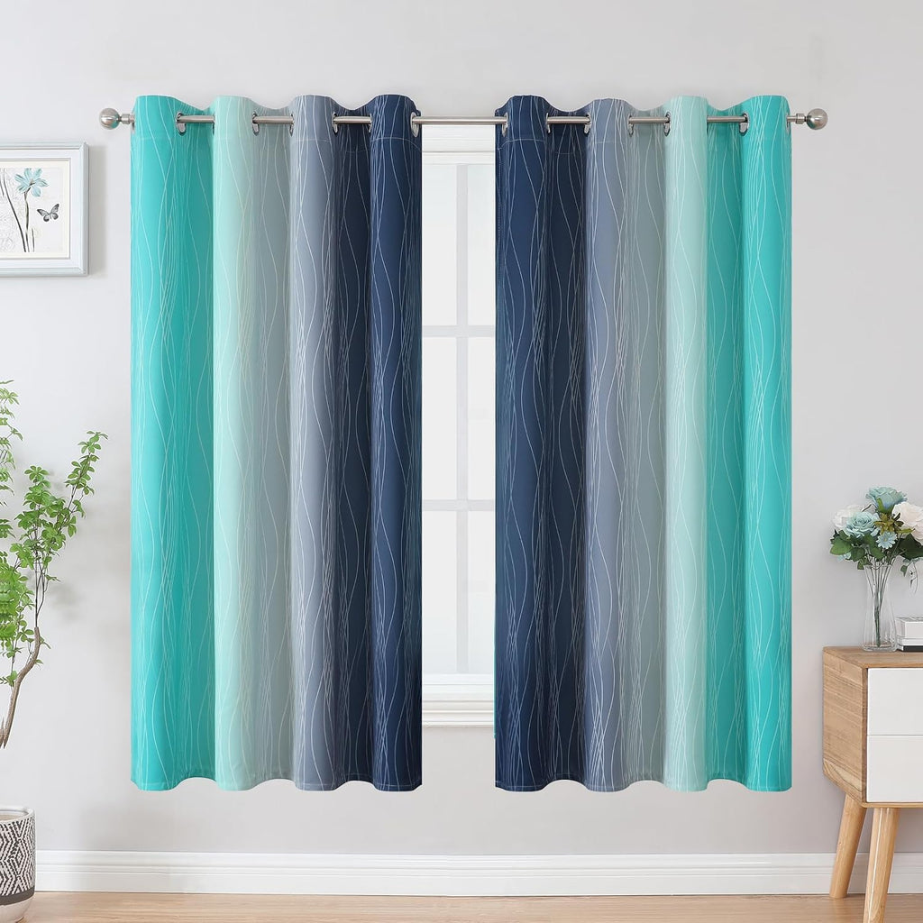Estelartextiler Estelar Textiler Navy Blue and Teal Blackout Curtains 63 Inch Length 2 Panels Set, Full Room Darkening Grommet Ombre Curtai…