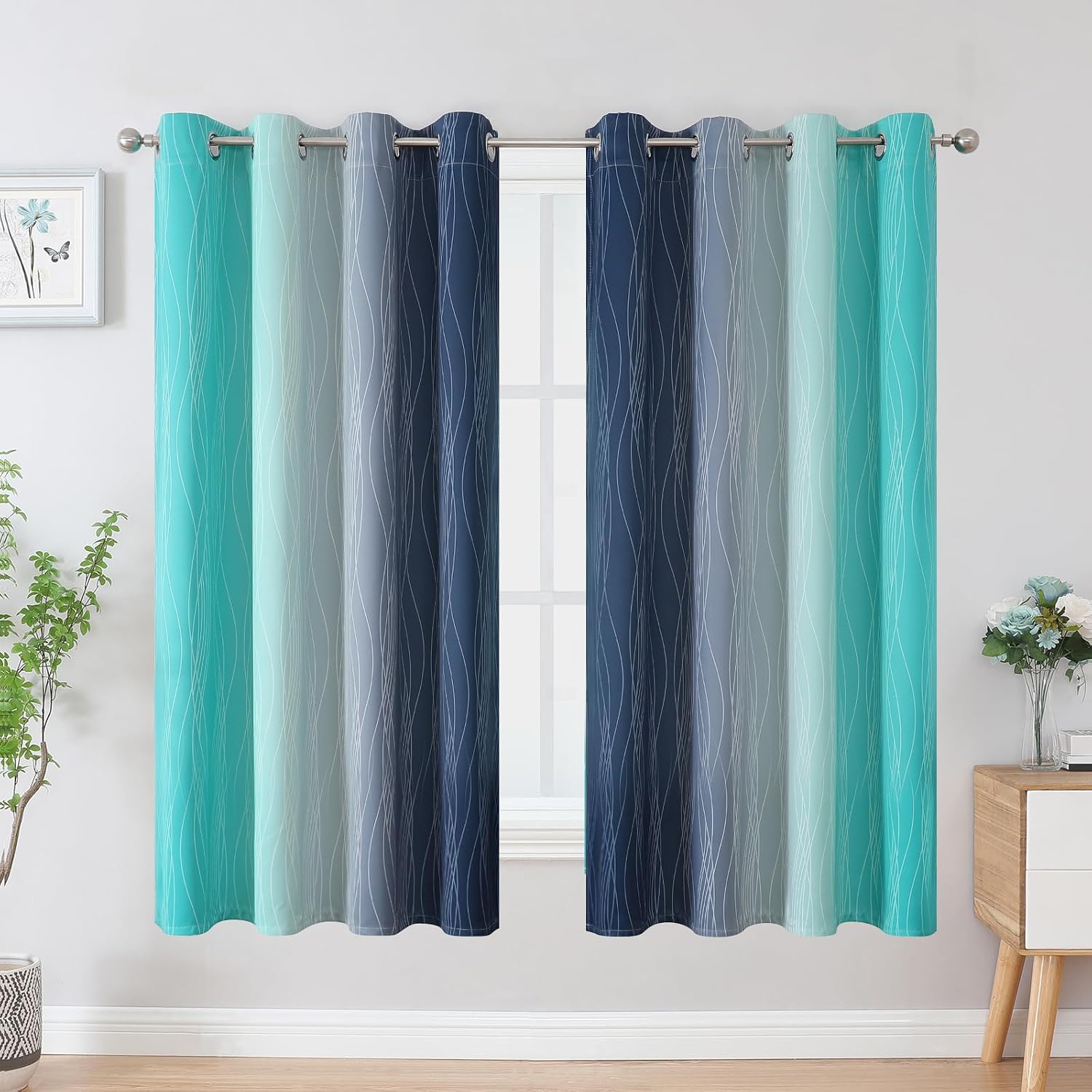 Estelartextiler Estelar Textiler Navy Blue and Teal Blackout Curtains 63 Inch Length 2 Panels Set, Full Room Darkening Grommet Ombre Curtai…