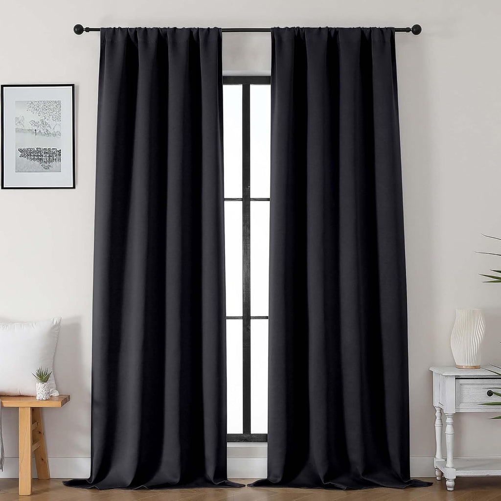 Gwine Black Blackout Curtains for Bedroom 96 inches Long 2 Panels, Solid Thermal Insulated Noise Reducing Room Darkening Rod Pocket…