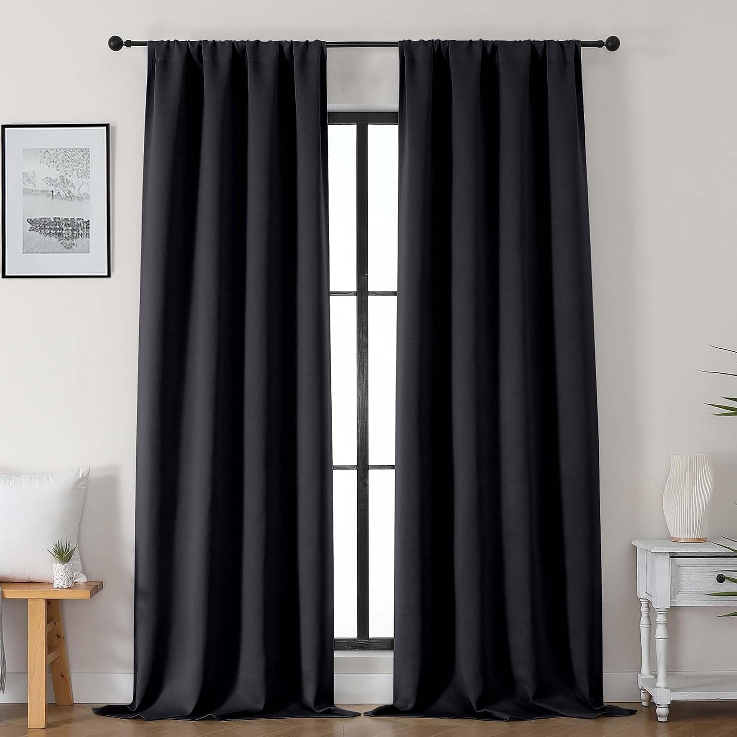 Gwine Black Blackout Curtains for Bedroom 96 inches Long 2 Panels, Solid Thermal Insulated Noise Reducing Room Darkening Rod Pocket…