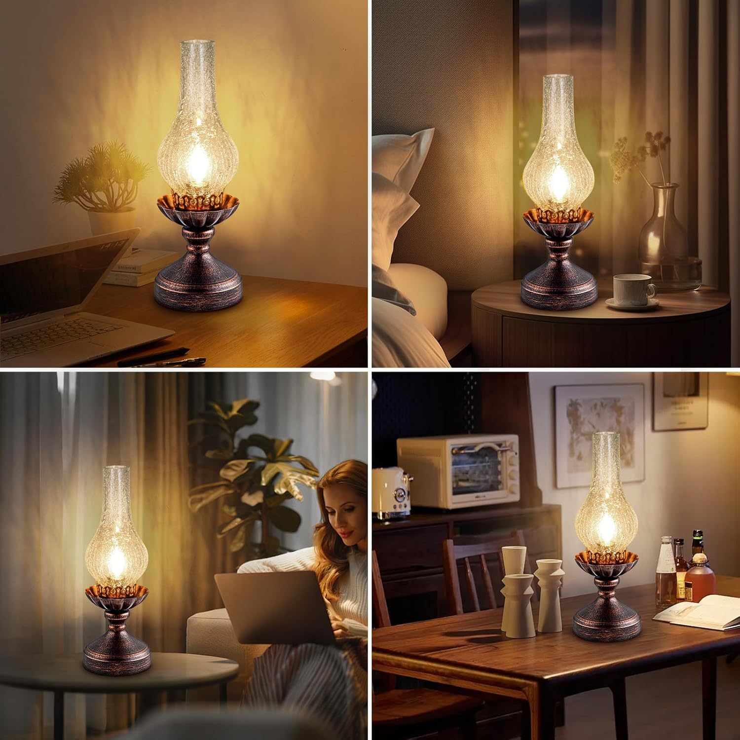 Vintage Table Lamp | Touch Control & 3-Way Dimmable Rustic Retro Farmhouse Bedside Lamp with Clear Glass Shade and LED Bulb for Bedroom…