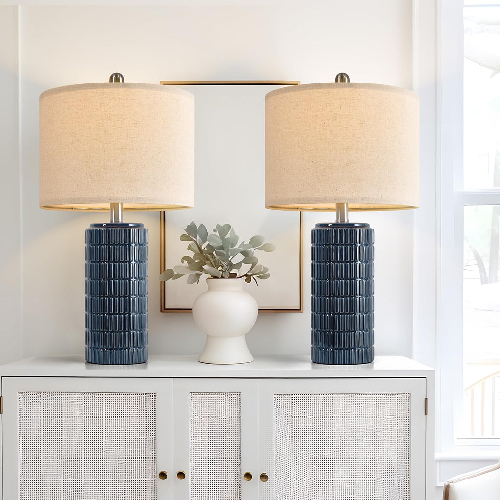 PoKat 23" Blue Table Lamps, Farmhouse Bedside Lamps for Bedroom Set of 2, Ceramic End Table Lamps for Living Room, Traditional Nightstand…