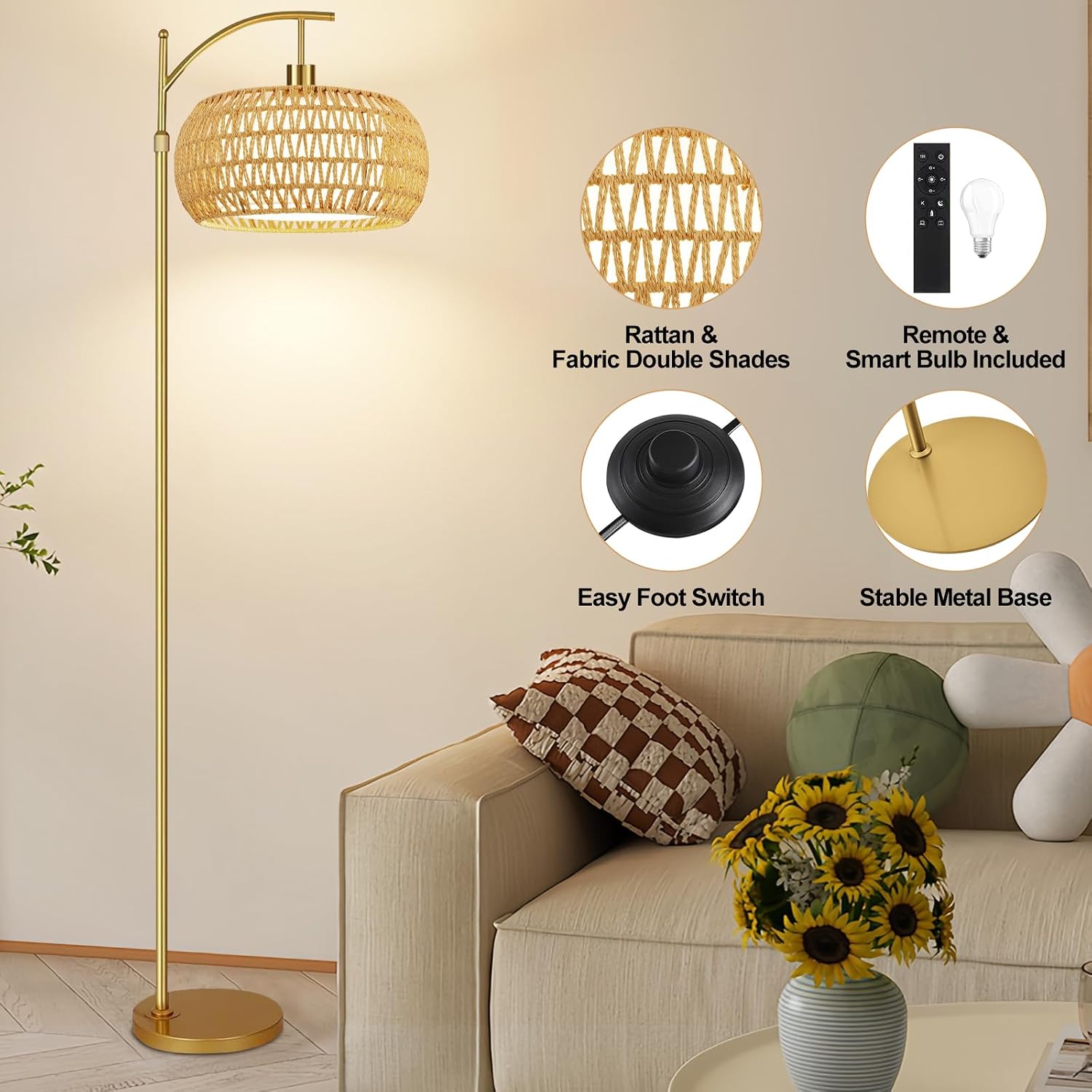 ZECOXOL Gold Floor Lamps for Living Room Rattan Boho Floor Lamp with Remote Control & 3 Color Temperature, Dimmable Arc Floor Lamps Brass…